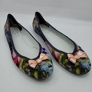 TED BAKER London Purple Multi Floral Ballet Flats Bows Sz 8.5/EU 39.5 Slip On